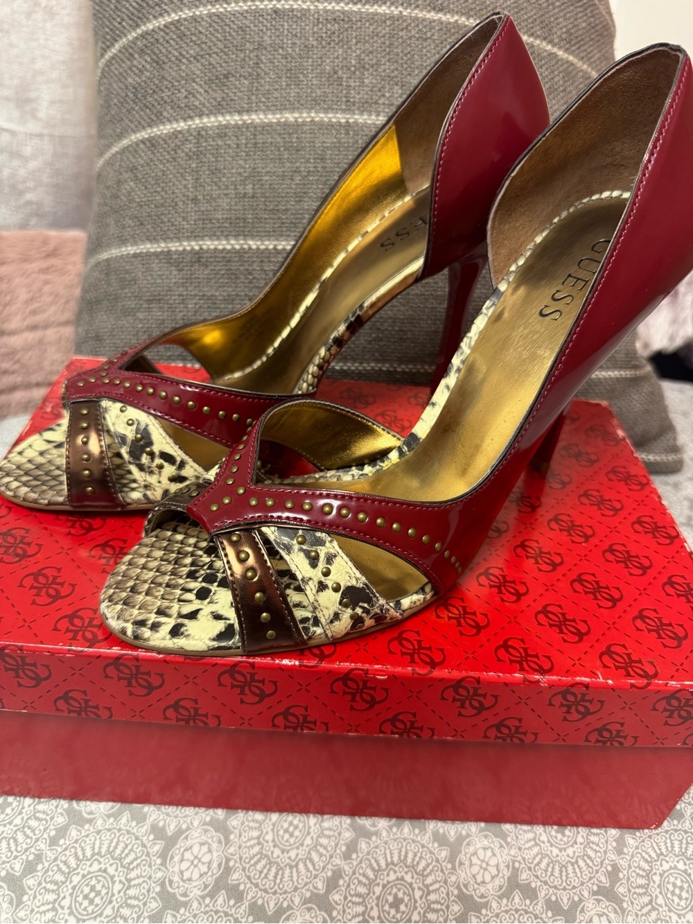GUESS Red Leather Peep-Toe Pumps with Snake-Print Accents
